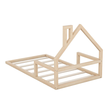 Floor Bed With House Shaped Headboard in natural wood, HouseOfZazla platform bed on Tampa Home & Garden Store
