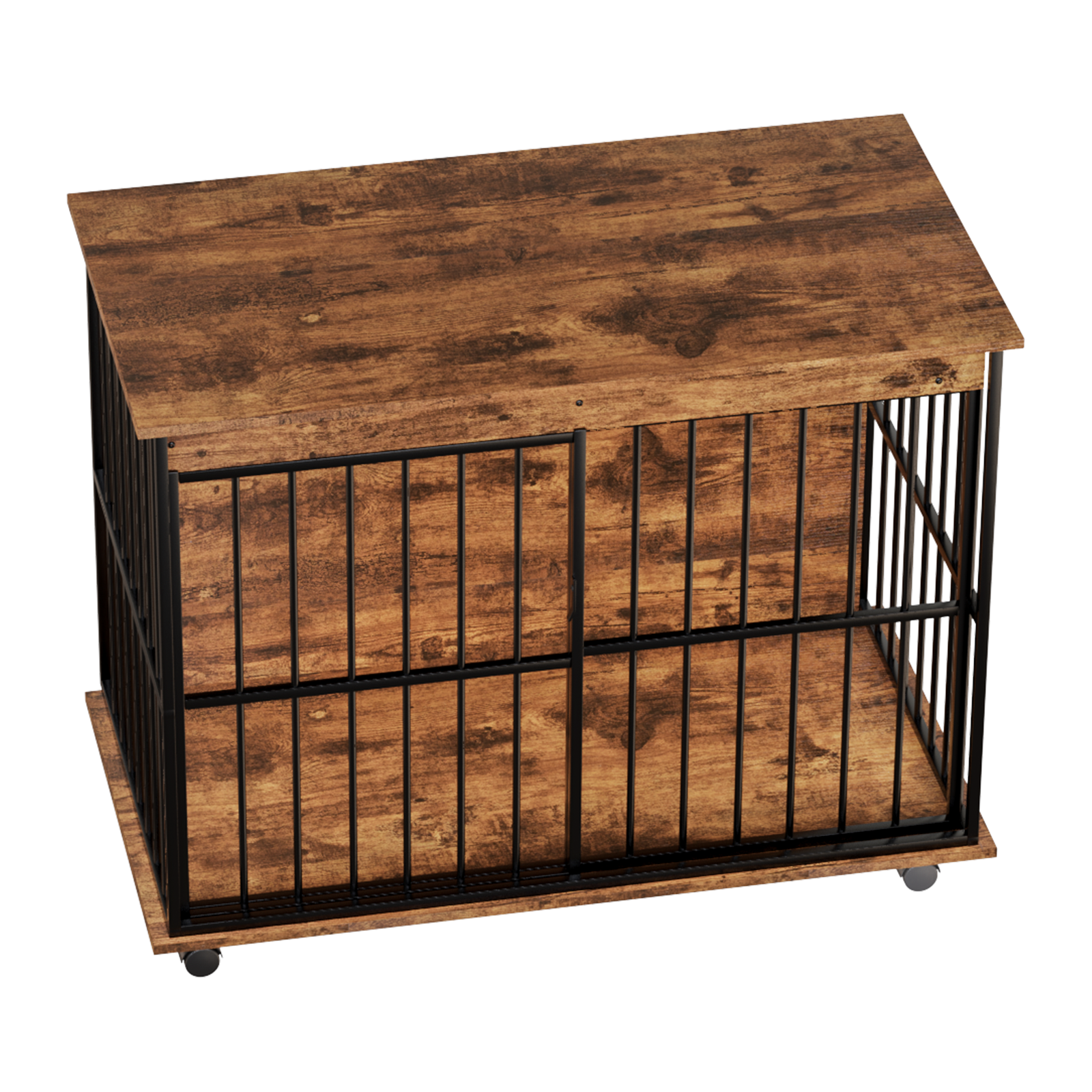 Large wooden dog crate furniture by HouseOfZazla with rustic brown finish and black metal bars on Tampa Home & Garden Store