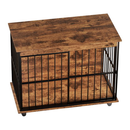 Large wooden dog crate furniture by HouseOfZazla with rustic brown finish and black metal bars on Tampa Home & Garden Store
