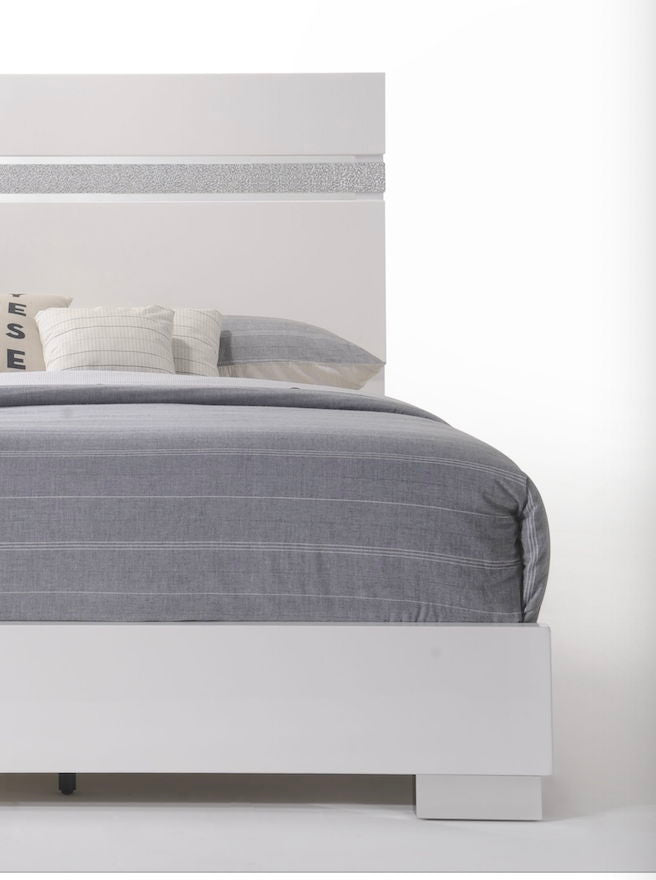 Naima Elegance Bed by HouseOfZazla in white with silver headboard gray bedding on Tampa Home & Garden Store