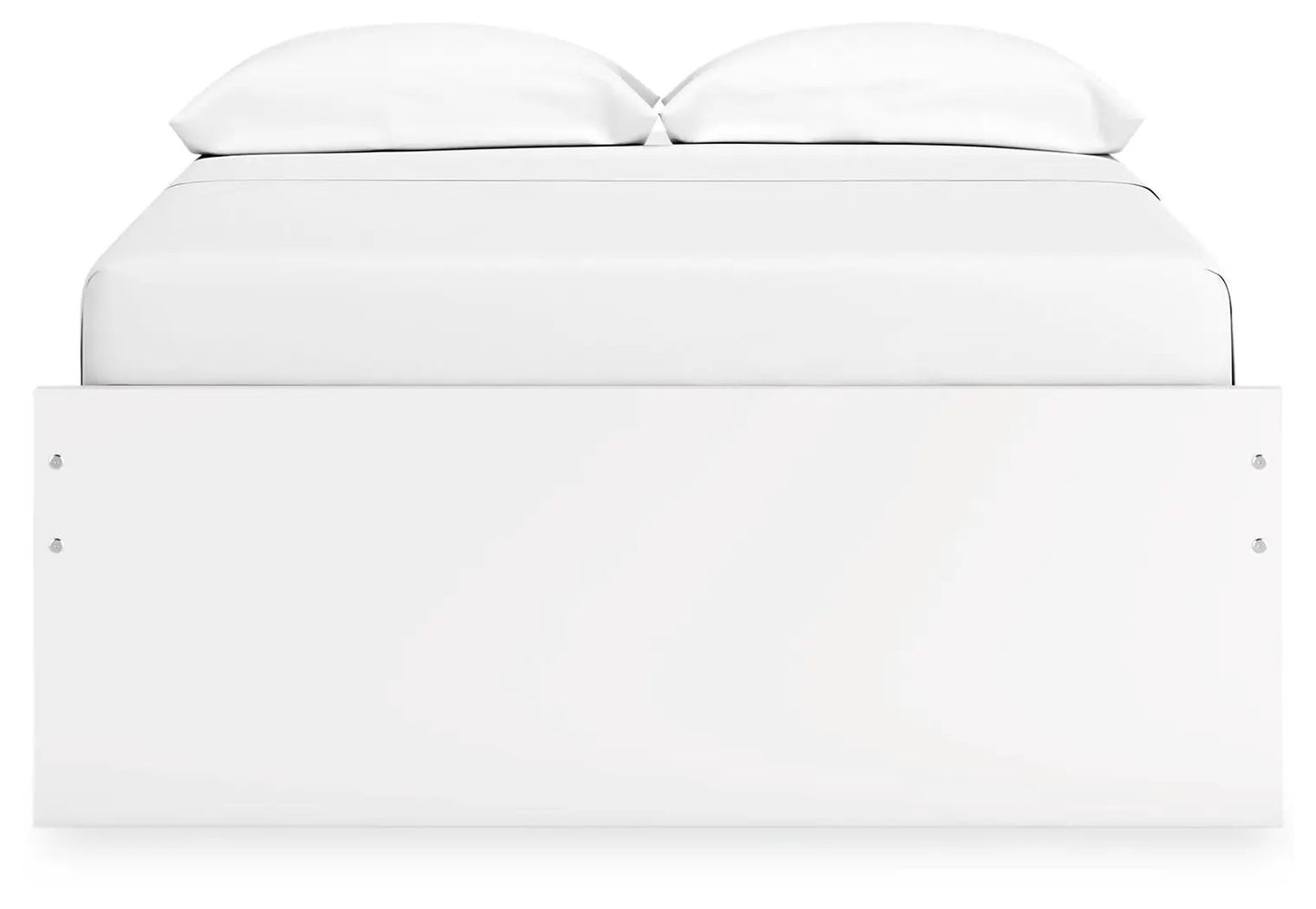 Onita white platform bed with low-profile storage base and two pillows on mattress on Tampa Home & Garden Store
