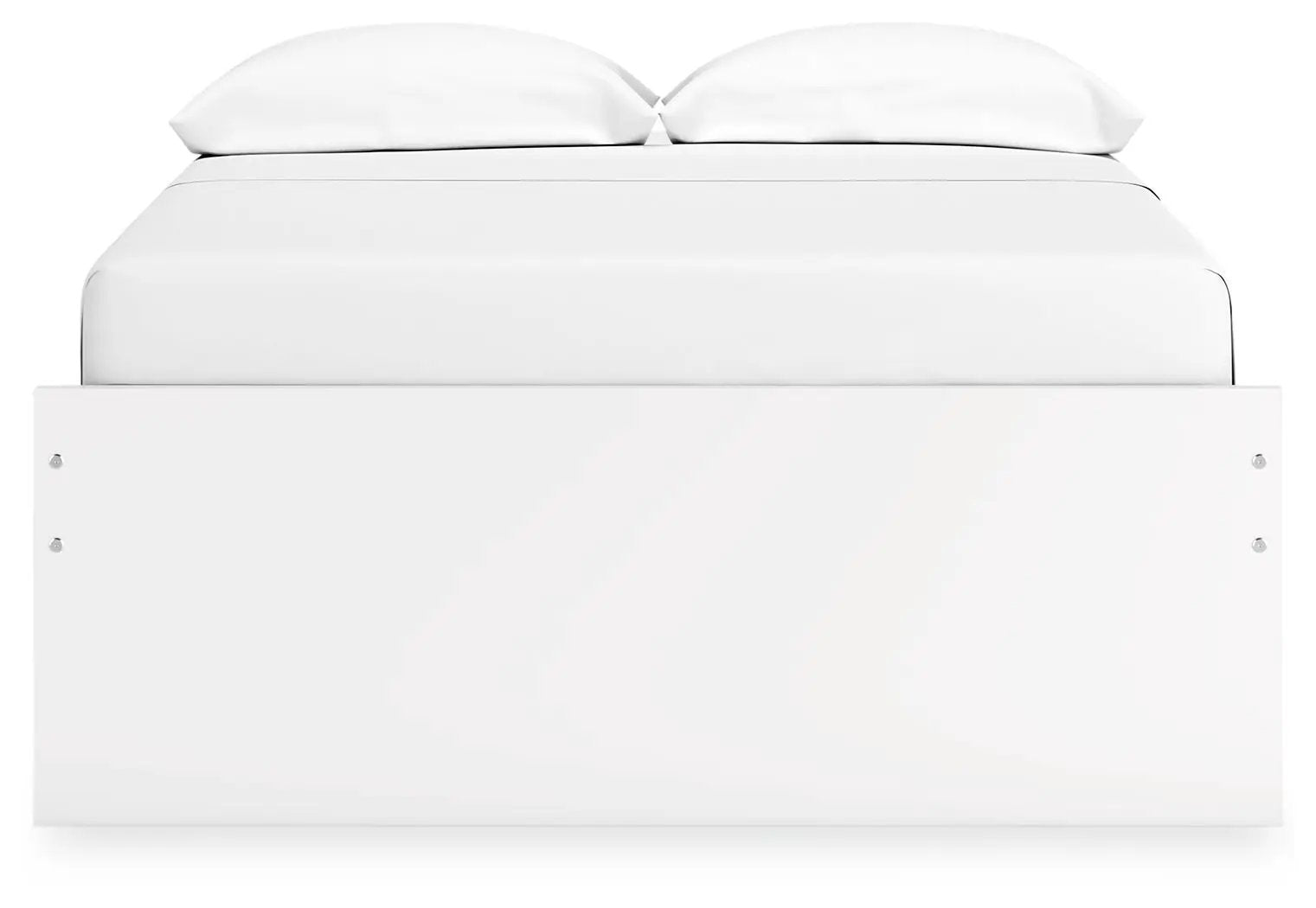 Onita white platform bed with low-profile storage base and two pillows on mattress on Tampa Home & Garden Store