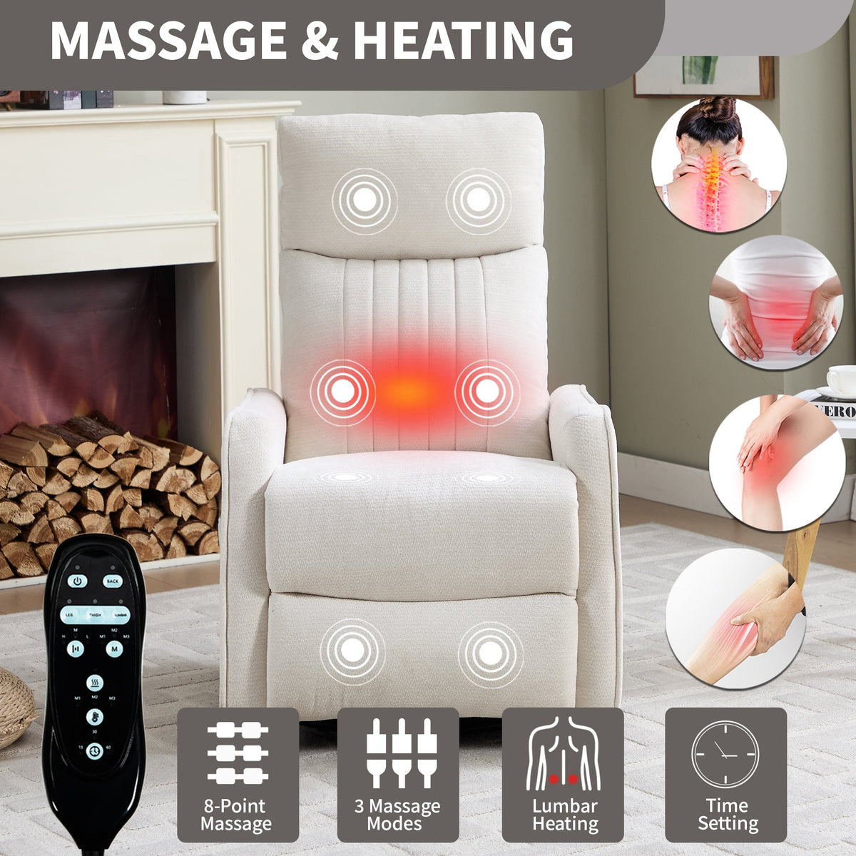 Beige fabric heat massage manual recliner chair with rocker and swivel, HouseOfZazla on Tampa Home & Garden Store