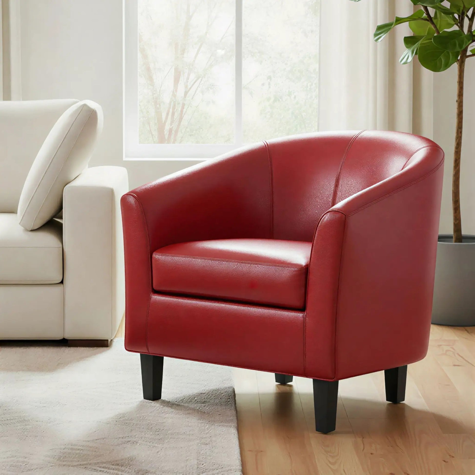 Austin Transitional Tub Chair red leather with white arm chair nearby on Tampa Home & Garden Store