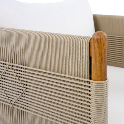 Outdoor acacia wood club chair with beige diamond rope weave and cushions, teak by HouseOfZazla on Tampa Home & Garden Store