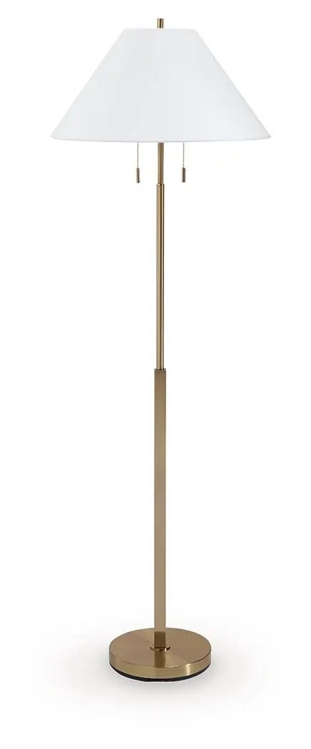 Haigwood metal floor lamp with brass finish, white fabric shade, and pull chains on Tampa Home & Garden Store