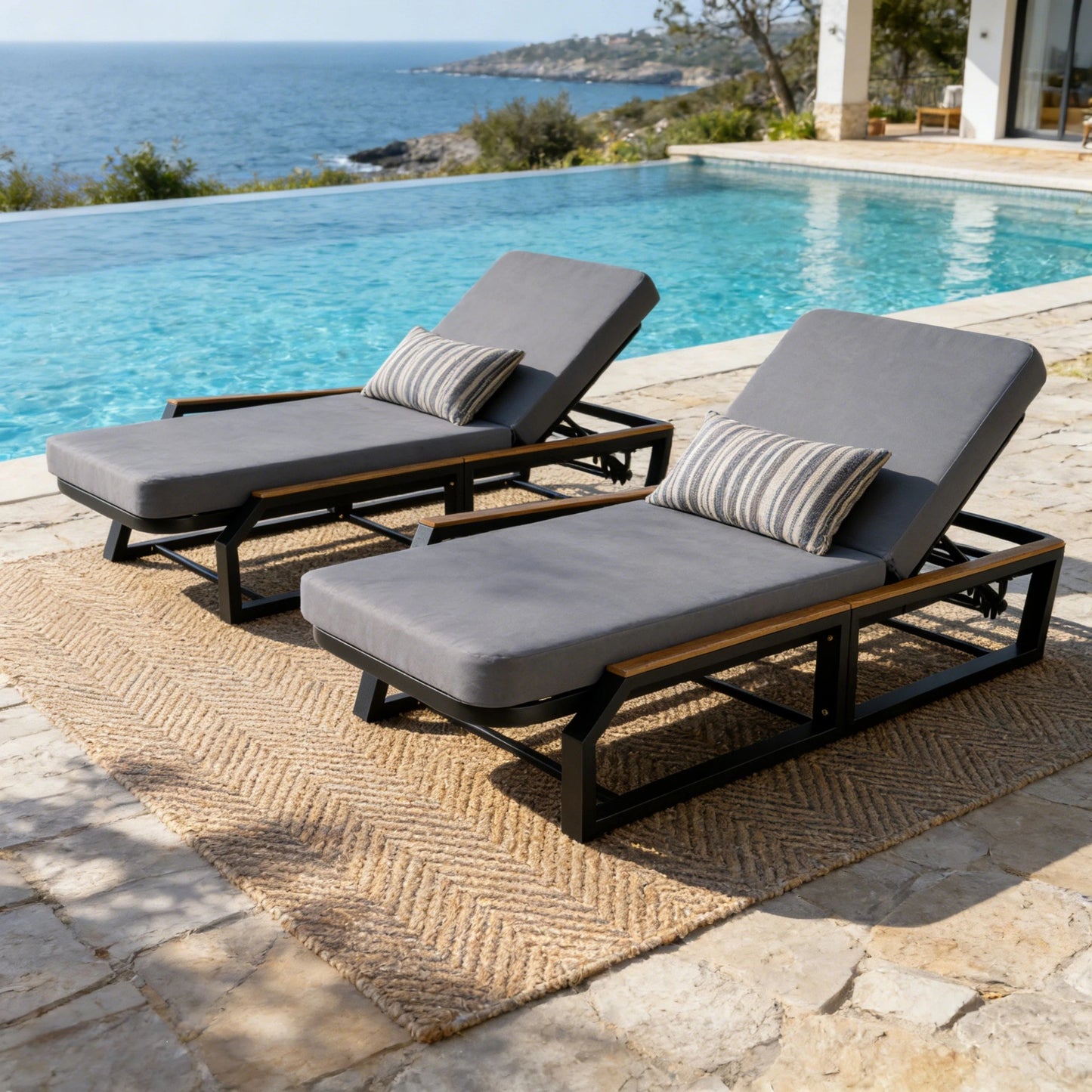 Adjustable Outdoor Chaise With A Wood Frame