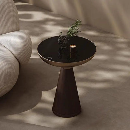 Tempered glass round side table with gold rim and dark wood conical pedestal in luxury style on Tampa Home & Garden Store