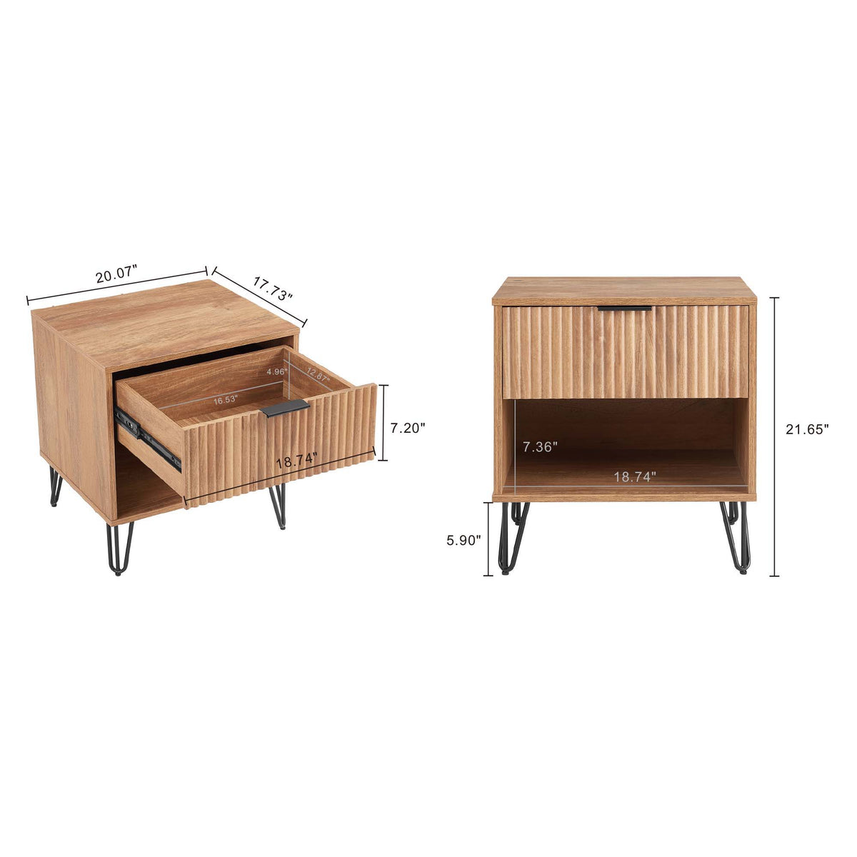 Pair of modern nightstands with fluted drawers and metal handles in oak finish on Tampa Home & Garden Store