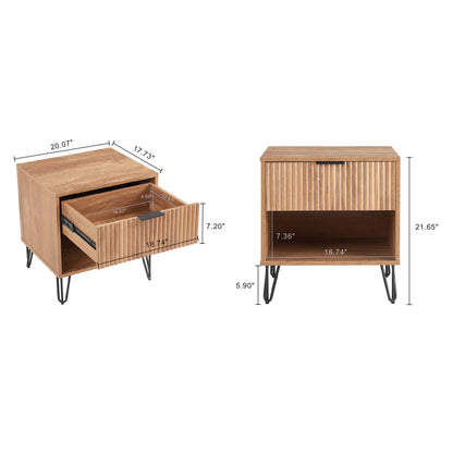 Pair of modern nightstands with fluted drawers and metal handles in oak finish on Tampa Home & Garden Store