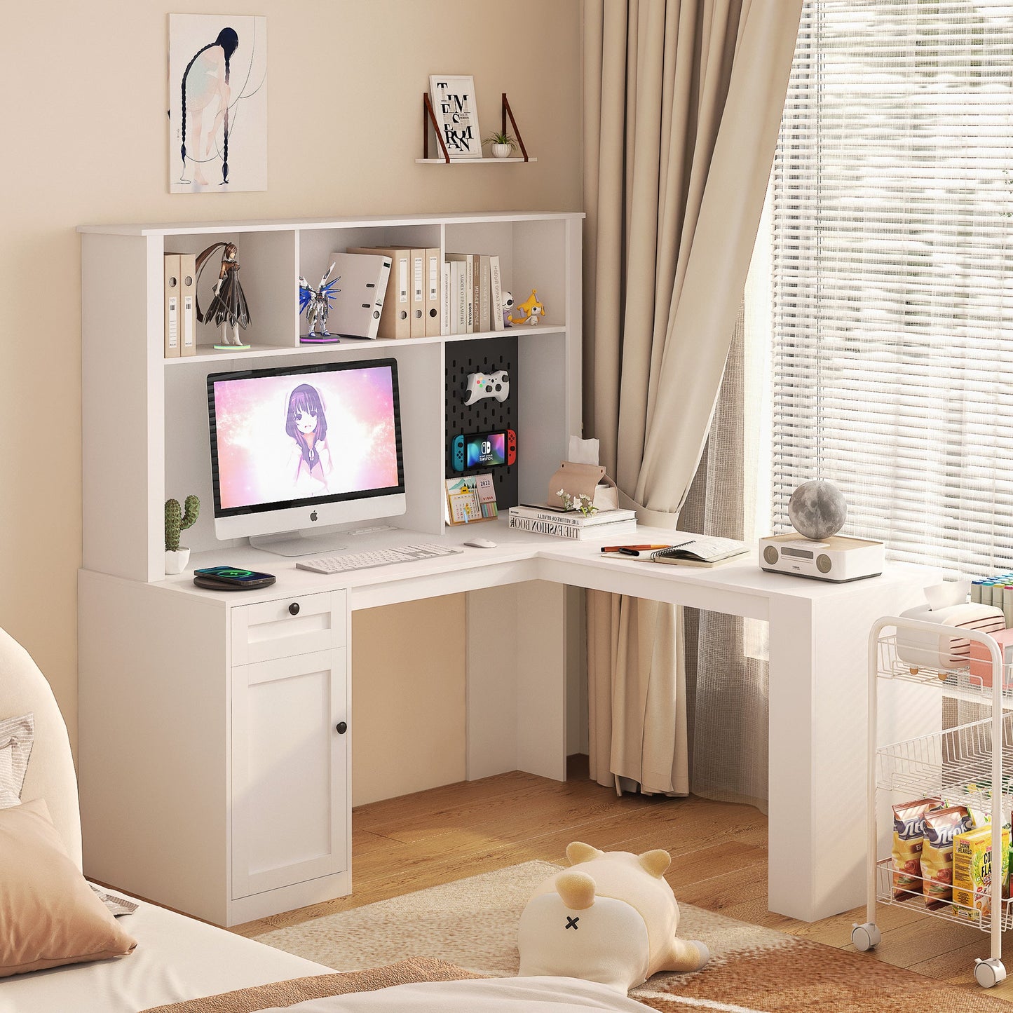 Corner gaming computer desk with socket, drawers, bookshelf and writing desk, modern L-shaped learning desk with storage space - Tampa Home & Garden Store