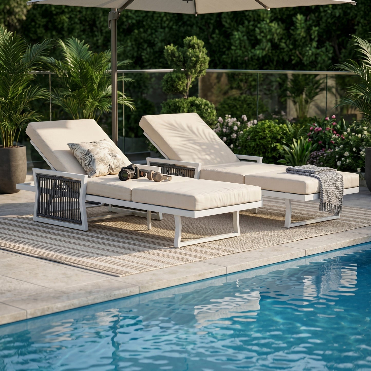 White Iron Outdoor Chaise Lounge and Cushion