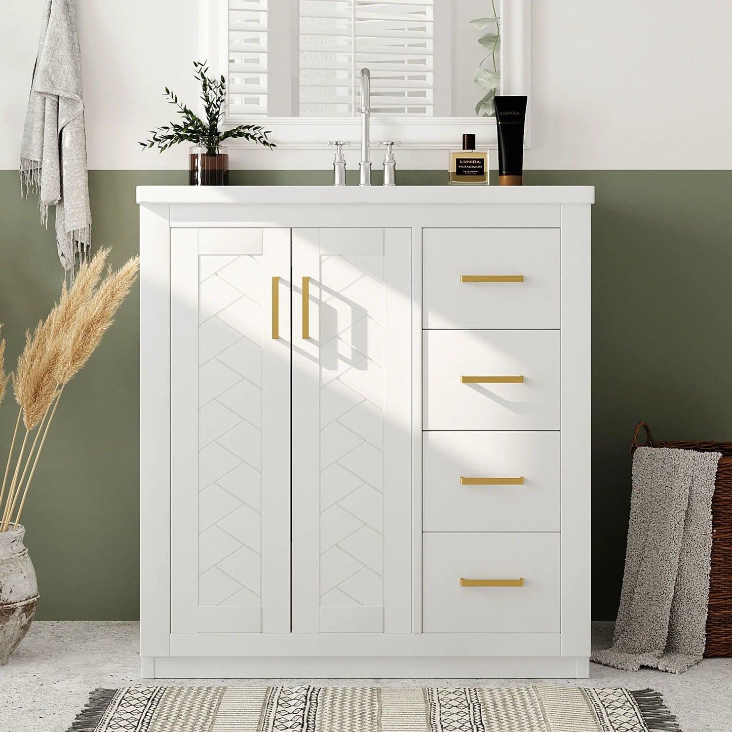 White bathroom vanity with sink, 3-drawer and soft-close doors by Unique Piece Furniture on Tampa Home & Garden Store