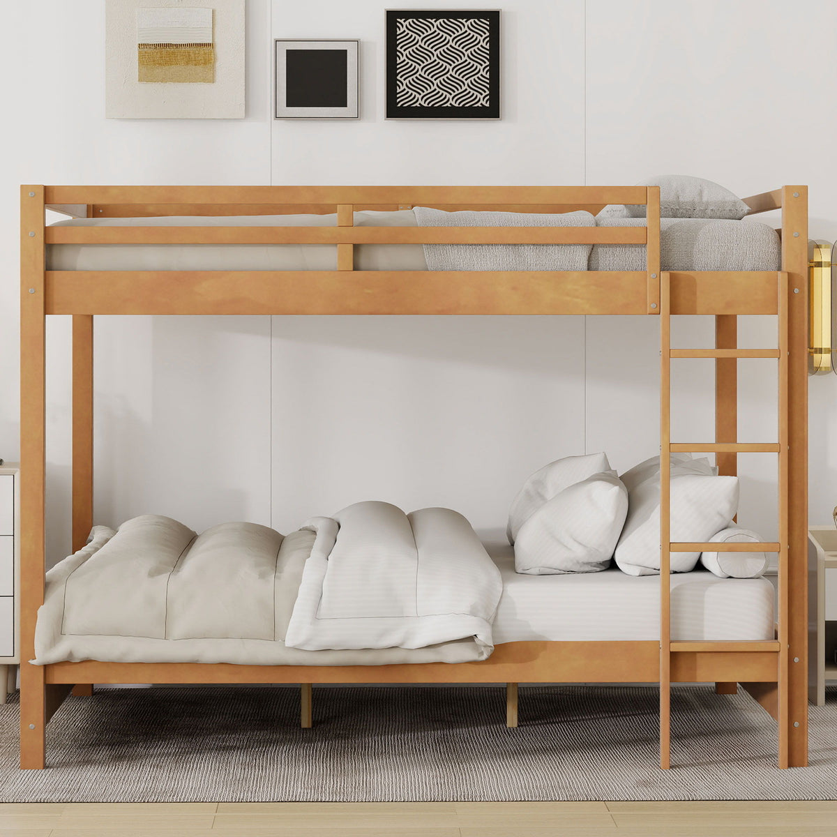 Sturdy bunk bed with ladder in honey pine finish, white bedding, HouseOfZazla bunk beds on Tampa Home & Garden Store