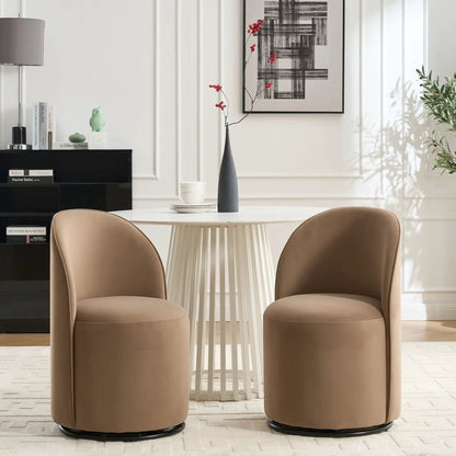 Pair of tan 360 Degree Swivel Armless Dining Barrel Chairs by Unique Piece Furniture with black pedestal bases on Tampa Home & Garden Store