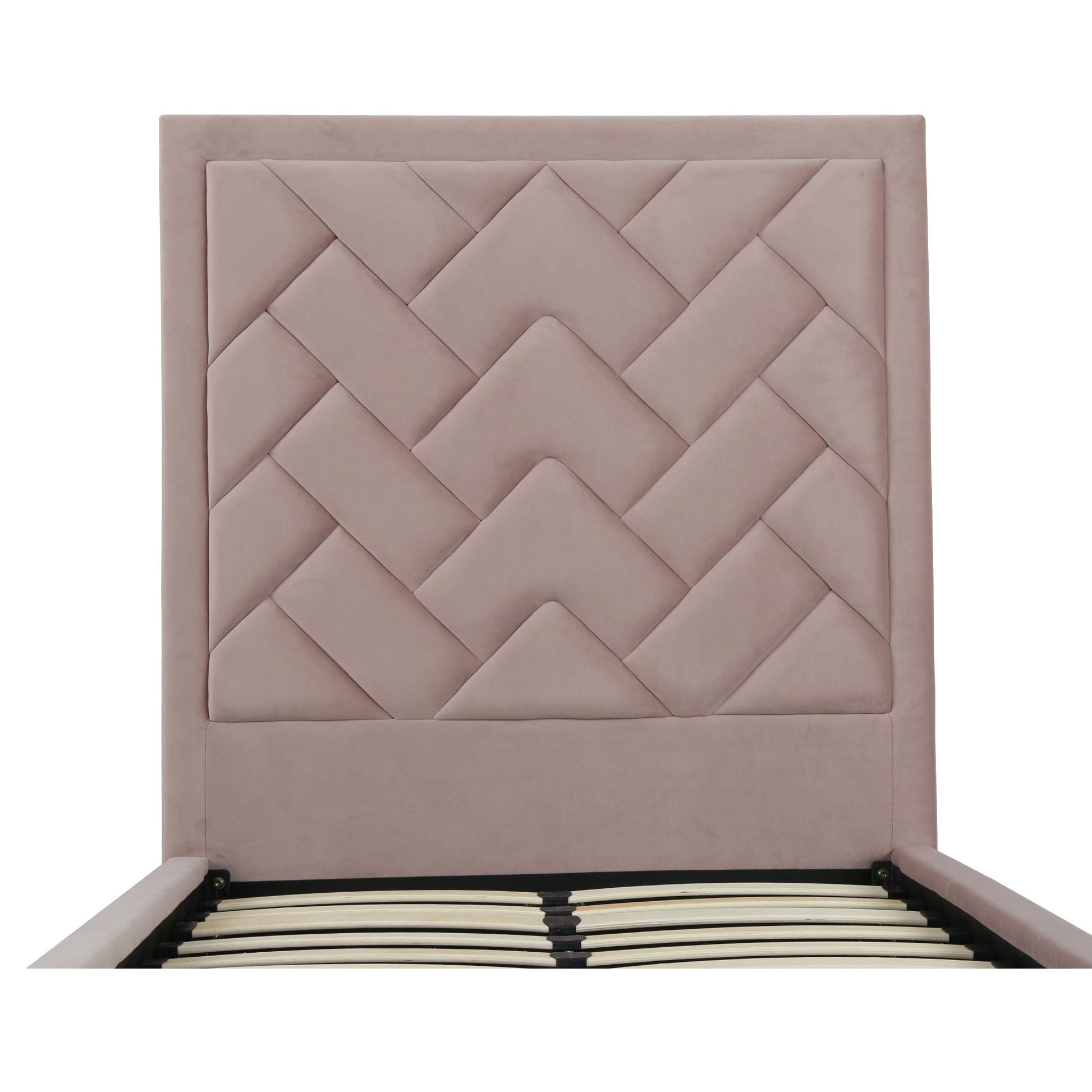 Crosby bed with blush pink tufted diamond headboard and slatted base on Tampa Home & Garden Store