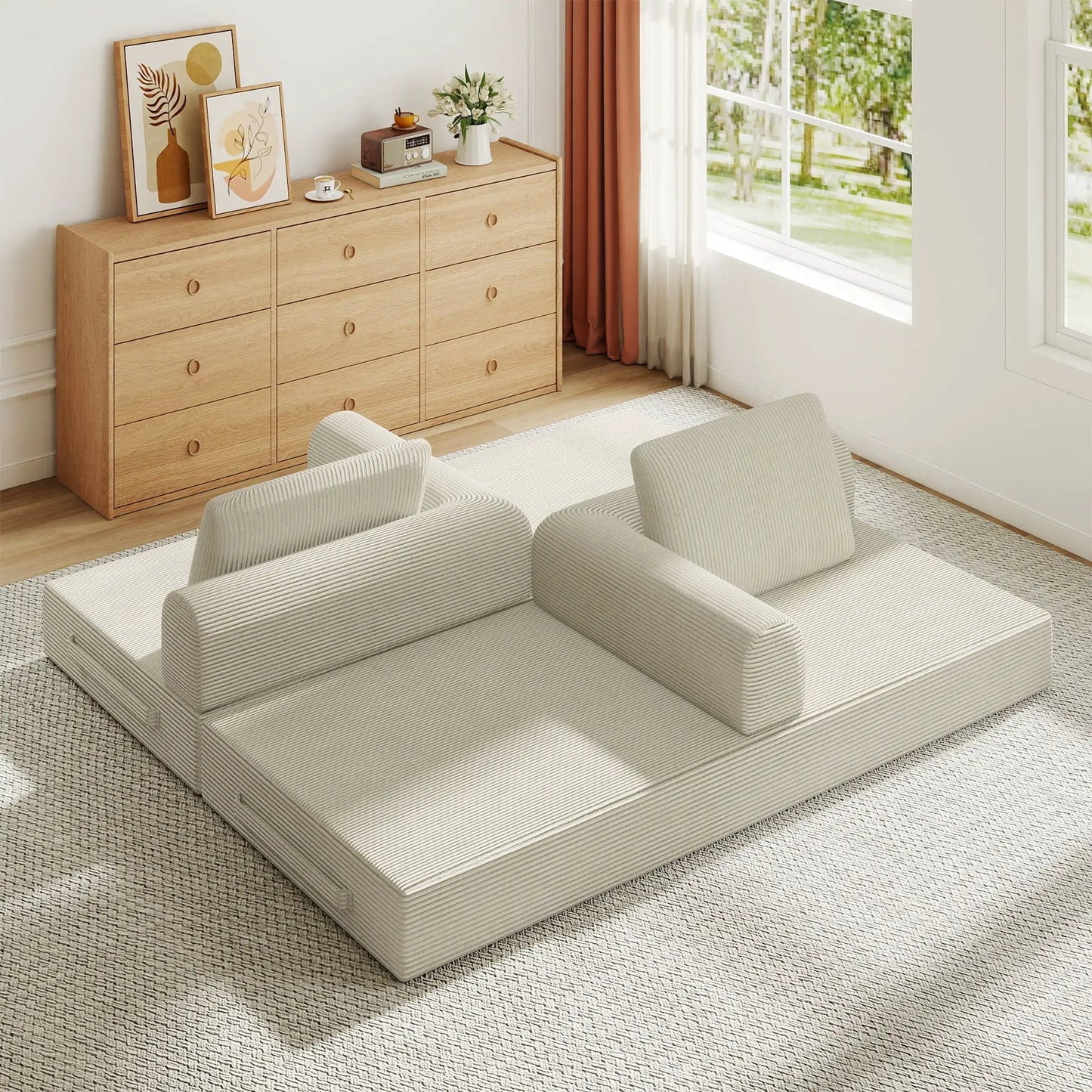 Convertible Sleeper Sofa Bed With Cylindrical Pillow Fixed Shape Frame futon in beige on Tampa Home & Garden Store