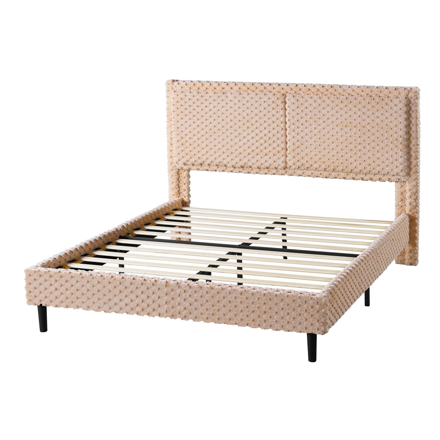 Soft beige bed backrest in chunky textured boucle fabric on a slatted bed frame with black legs on Tampa Home & Garden Store