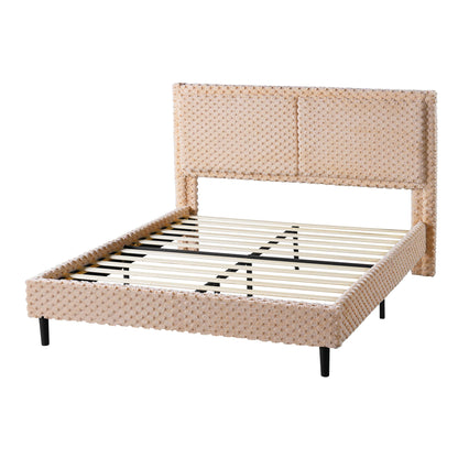 Soft beige bed backrest in chunky textured boucle fabric on a slatted bed frame with black legs on Tampa Home & Garden Store