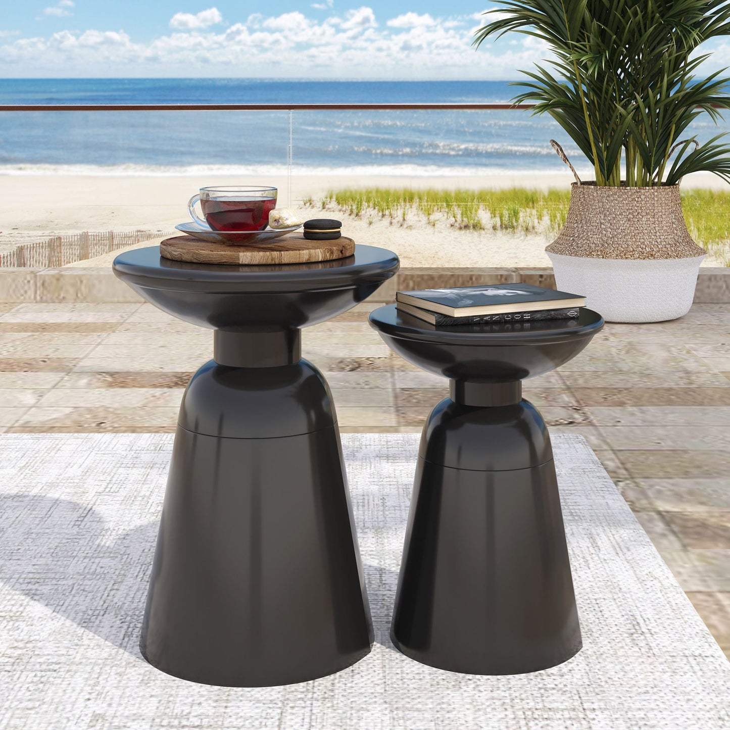 Serenita Outdoor Side Tables Set of 2 by HouseOfZazla in black with flared pedestals on Tampa Home & Garden Store