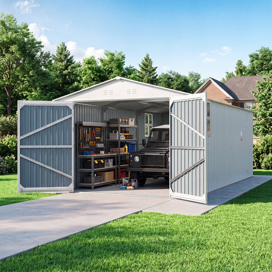 Outdoor storage shed 20x10 ft HouseOfZazla blue-gray metal with interior shelving on Tampa Home & Garden Store