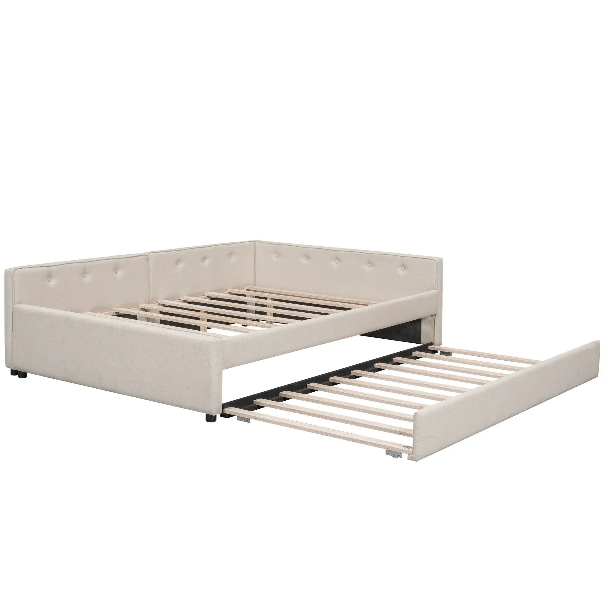 Platform bed with pull-out trundle in beige upholstery, tufted headboard, slatted base on Tampa Home & Garden Store