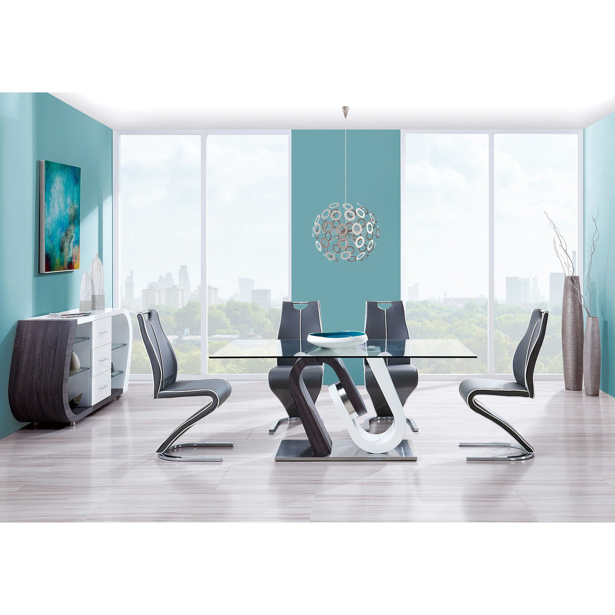 Anne Buffet with Ample Storage white gray finish, modern dining room with glass table on Tampa Home & Garden Store