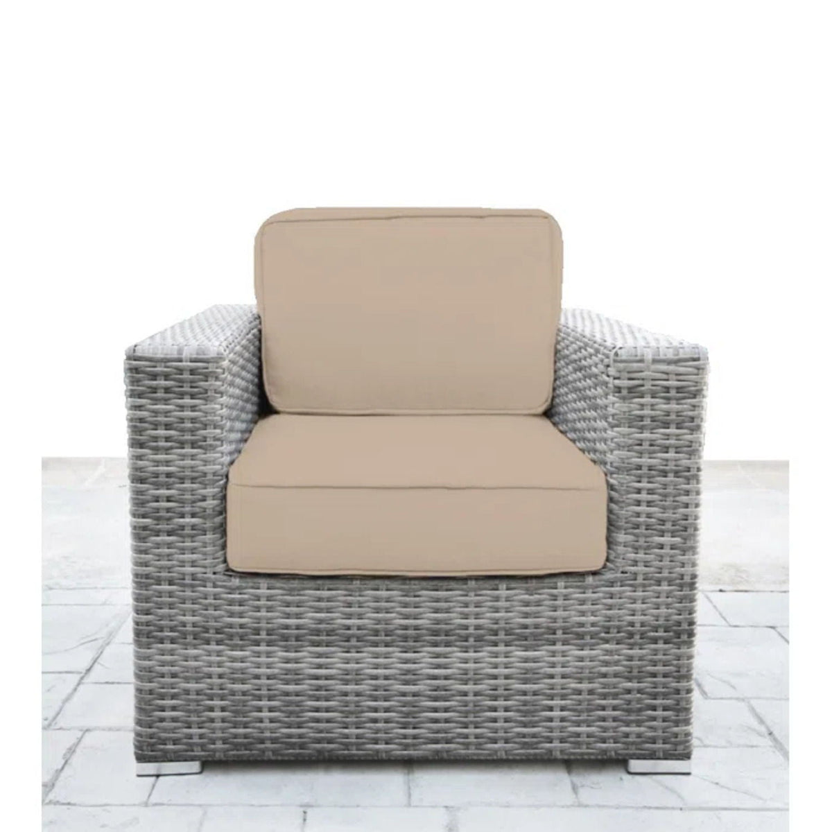 Wicker outdoor armchair with beige cushions and gray woven frame HouseOfZazla on Tampa Home & Garden Store