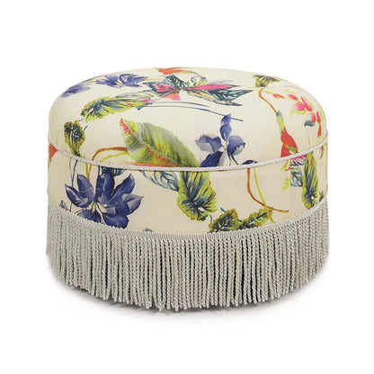 Yolanda upholstered ottoman in cream fabric with silver fringe by Unique Piece Furniture on Tampa Home & Garden Store