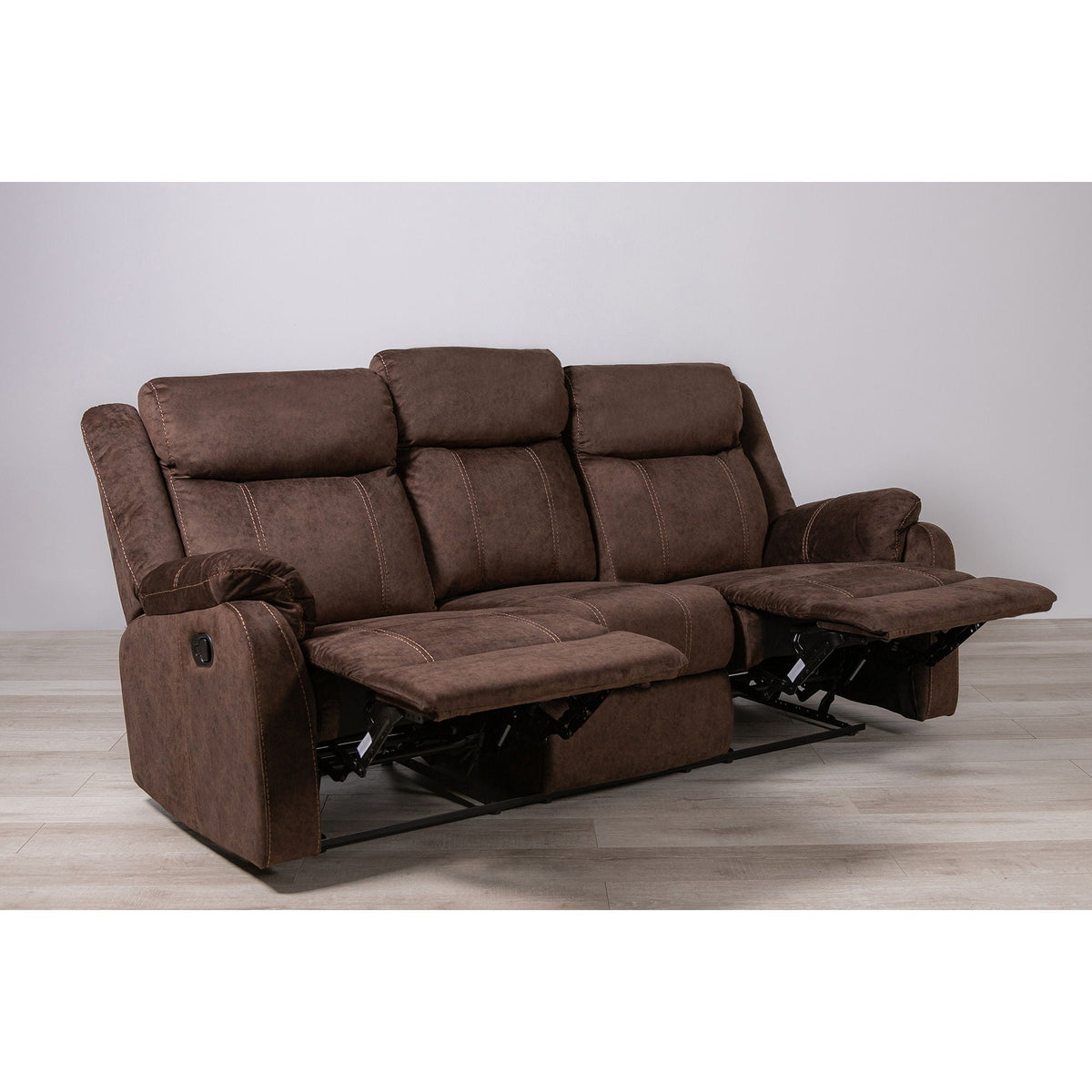 Sonet Domino reclining sofas in brown fabric with full-extension footrests on Tampa Home & Garden Store