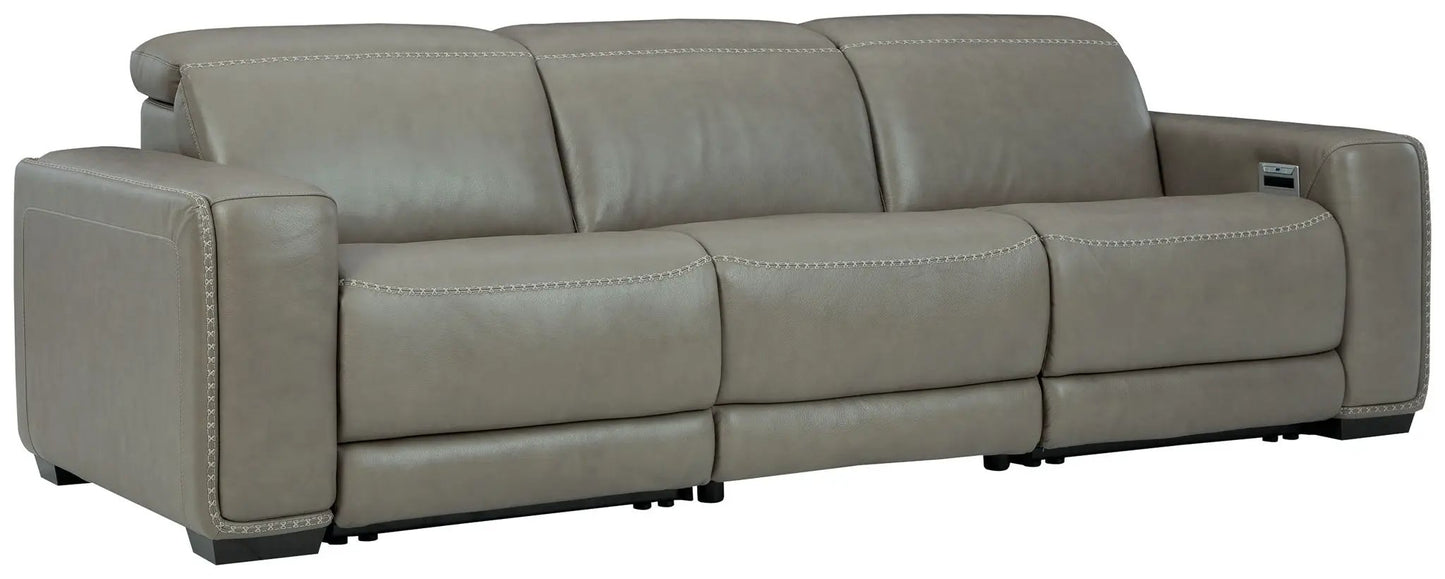 Correze power reclining sectional in gray leather with contrast stitching and console on Tampa Home & Garden Store