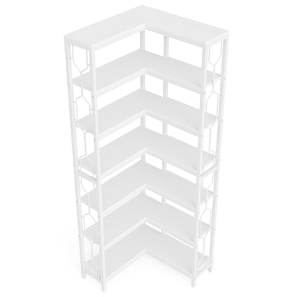 7-tier corner bookshelf with hexagonal design in white finish, HouseOfZazla corner bookcase on Tampa Home & Garden Store