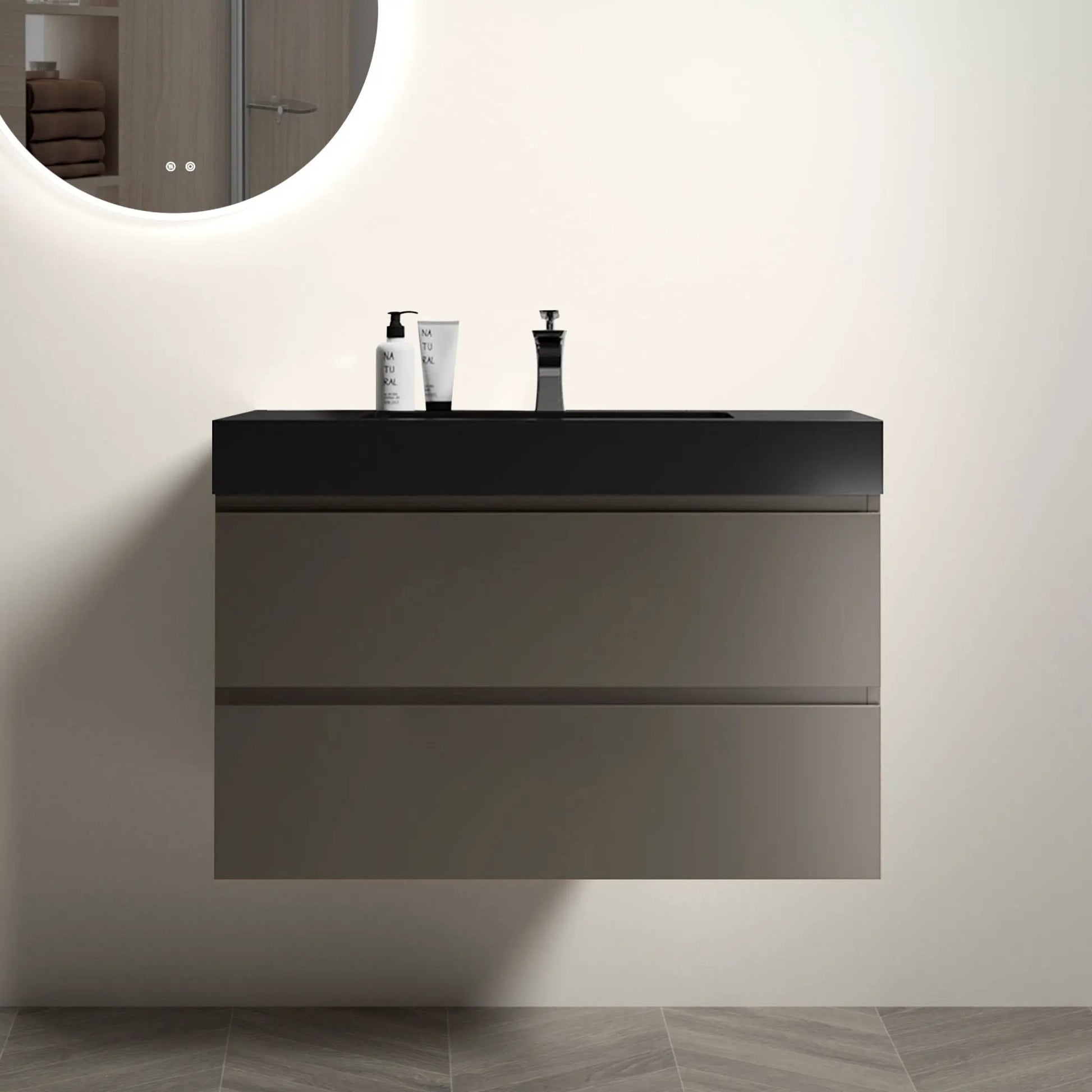 Alice bathroom vanity with sink, floating black unit with large storage, round mirror on Tampa Home & Garden Store