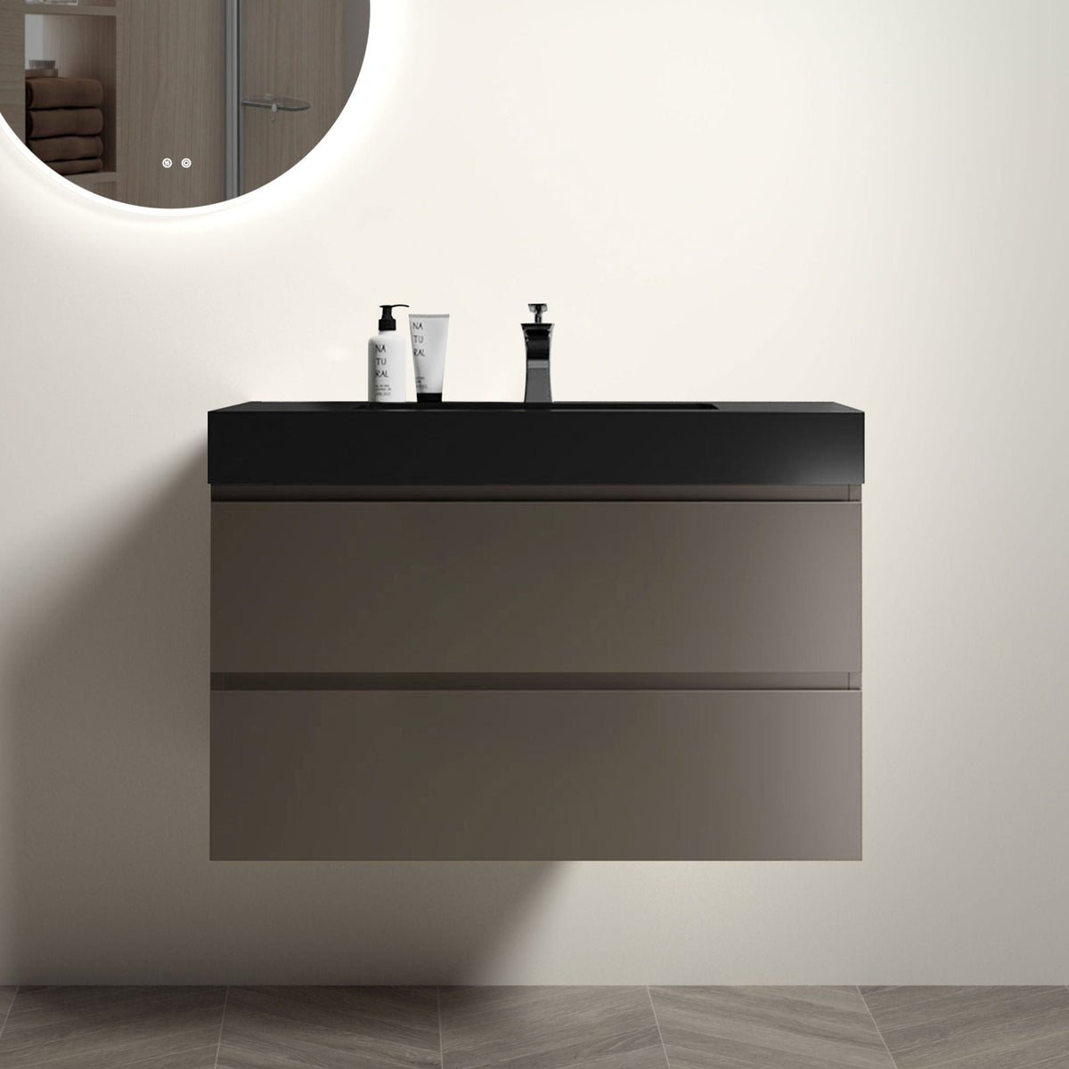 Alice Bathroom Vanity With Sink black glossy vanity with round backlit mirror on Tampa Home & Garden Store