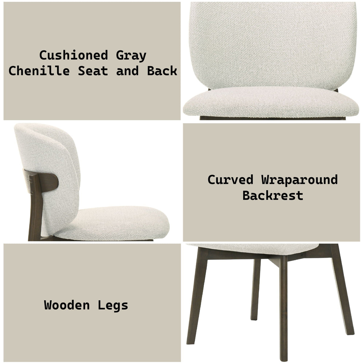 Gray chenille side chair set with cushioned seats and curved wraparound back wooden legs 2-pack on Tampa Home & Garden Store
