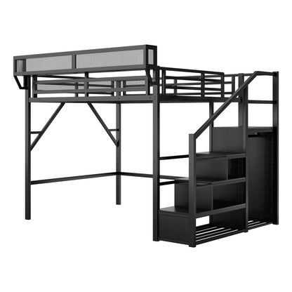 Queen size loft bed in black metal with stairs mesh rails storage and wardrobe by HouseOfZazla on Tampa Home & Garden Store