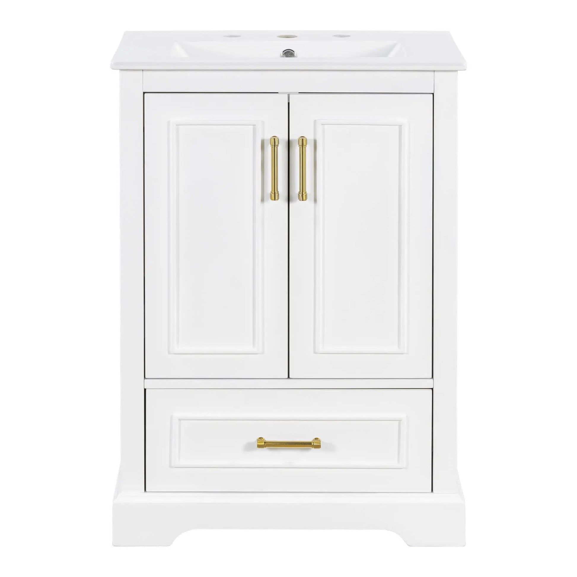 Bathroom vanity with sink, white finish, gold pulls, two doors and bottom drawer on Tampa Home & Garden Store