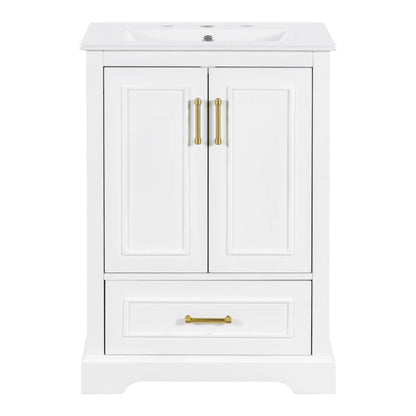 Bathroom vanity with sink, white finish, gold pulls, two doors and bottom drawer on Tampa Home & Garden Store