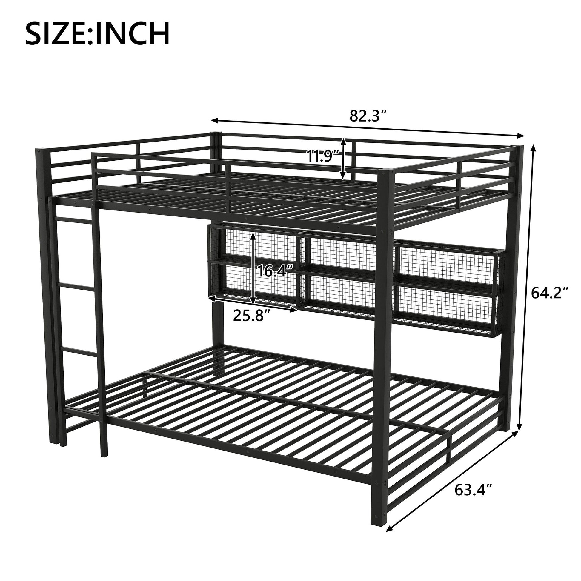 Queen over Queen bunk bed with 6 storage units, black metal frame, LED lighting HouseOfZazla on Tampa Home & Garden Store