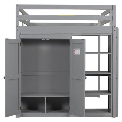 Loft bed with built-in wardrobe, storage shelves, LED light in gray by HouseOfZazla on Tampa Home & Garden Store