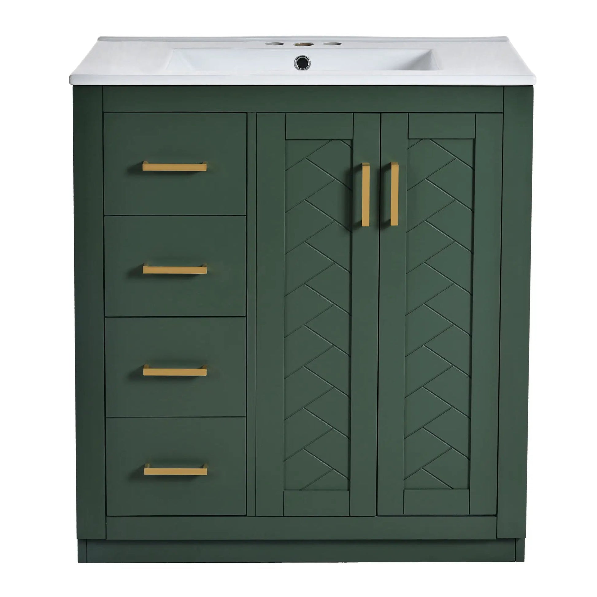 Vanity with ceramic sink and white top, dark green cabinet, 3 drawers, gold handles on Tampa Home & Garden Store