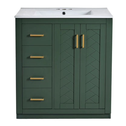 Vanity with ceramic sink and white top, dark green cabinet, 3 drawers, gold handles on Tampa Home & Garden Store