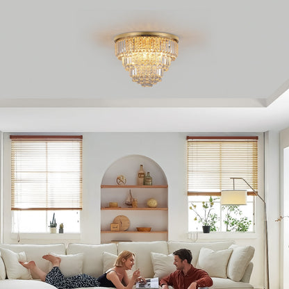 Gold luxury crystal ceiling chandelier, modern flush-mount with cascading prisms, HouseOfZazla on Tampa Home & Garden Store