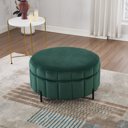 Upholstered round emerald green velvet ottoman with tufting and reversible lid by HouseOfZazla on Tampa Home & Garden Store