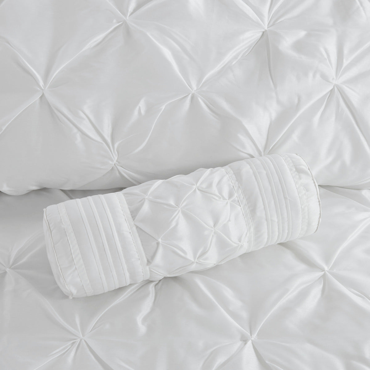 7 Piece Tufted Comforter Set White bedding with diamond tufting and rolled bolster pillow on Tampa Home & Garden Store