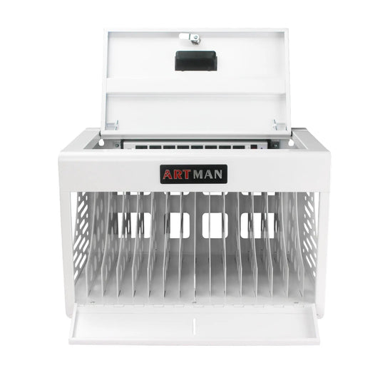 White metal 16 bay laptop Chromebook locking cabinet with ARTMAN branding and lock on Tampa Home & Garden Store