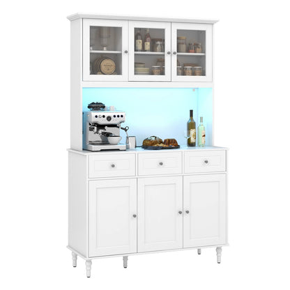 Armario de almacenamiento de despensa de cocina de 77 pulgadas con luces LED y tomas de corriente - Blanco