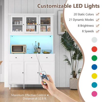 Armario de almacenamiento de despensa de cocina de 77 pulgadas con luces LED y tomas de corriente - Blanco