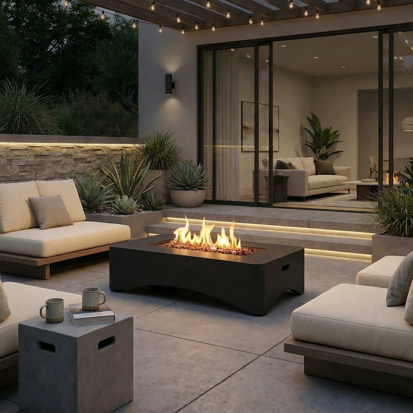 HouseOfZazla 56-inch rectangular propane fire pit table with lava rocks on outdoor patio on Tampa Home & Garden Store