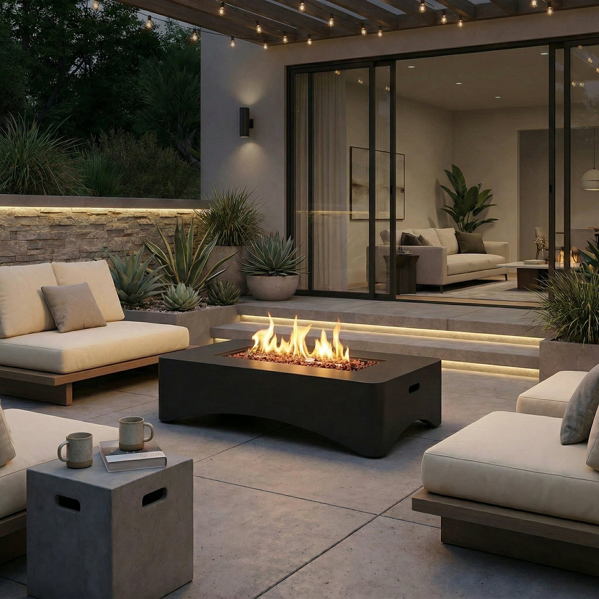 HouseOfZazla 56-inch rectangular propane fire pit table with lava rocks on outdoor patio on Tampa Home & Garden Store